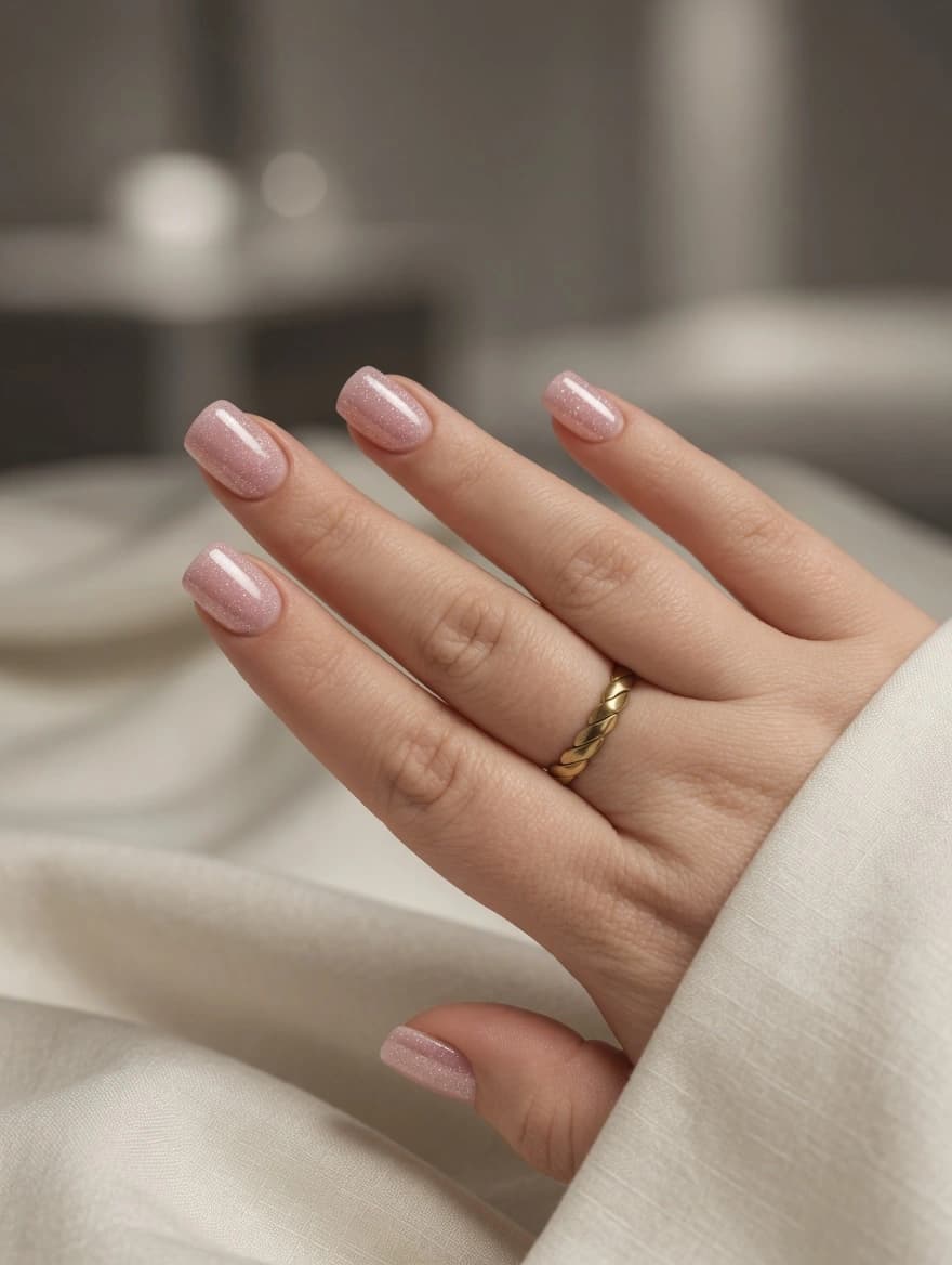 Carré court rose poudré pailleté — élégance discrète.